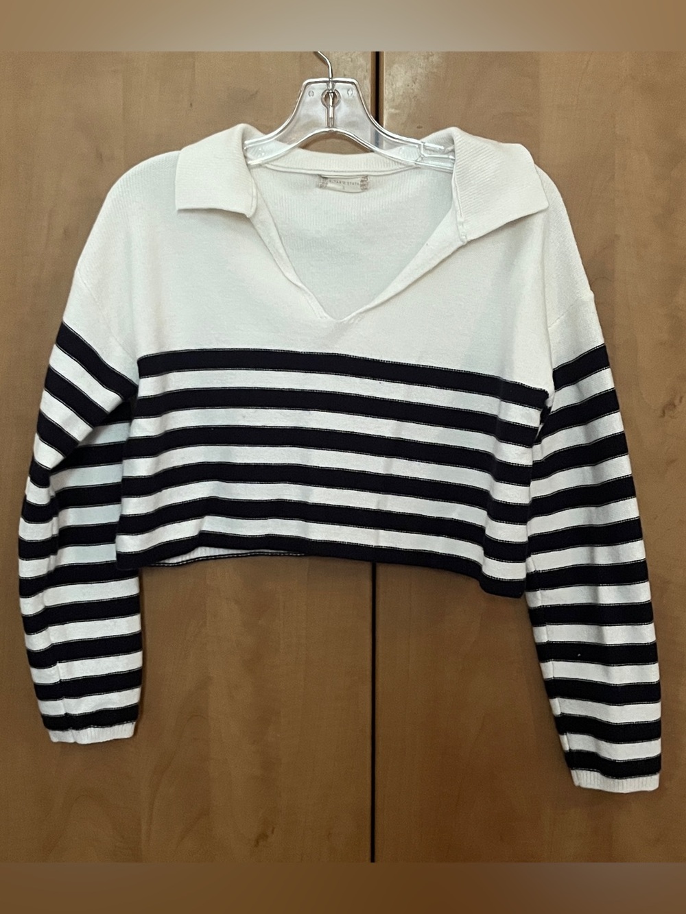 Altar'd State White & Black Striped Collared Cropped Sweater